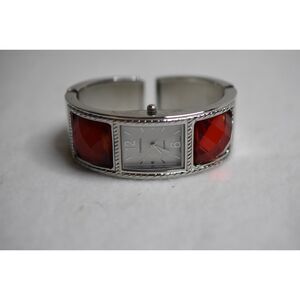 Perennial Red Beveled Stones Silver Tone Party Glam New Battery Cuff Watch